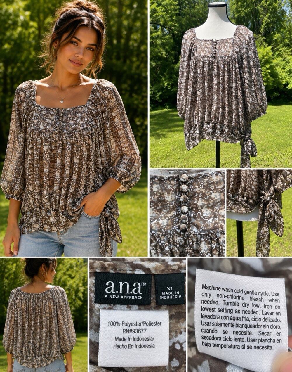 Boho Relaxed Flowy a.n.a Womens Peasant Top Size XL Brown Floral Balloon Sleeve